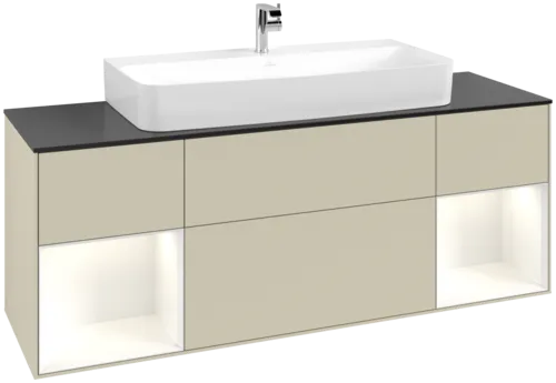 VILLEROY BOCH Toaletní skříňka Finion, s osvětlením, 4 výsuvy, 1600 x 603 x 501 mm, hedvábně šedý matný lak / lesklý bílý lak / černé matné sklo #F212GFHJ