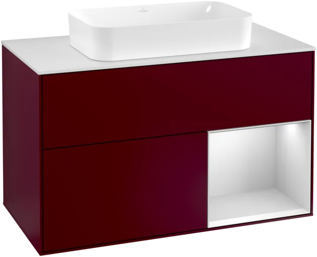 VILLEROY BOCH Toaletní skříňka Finion, s osvětlením, 2 výsuvy, 1000 x 603 x 501 mm, Peony Matt Lacquer / White Matt Lacquer / Glass White Matt #F251MTHB