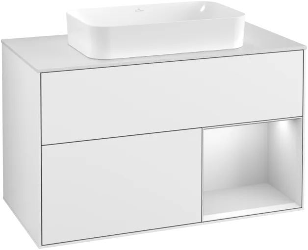 VILLEROY BOCH Umyvadlová skříňka Finion, s osvětlením, 2 výsuvy, 1000 x 603 x 501 mm, lesklý bílý lak / bílý matný lak / bílé matné sklo #F251MTGF