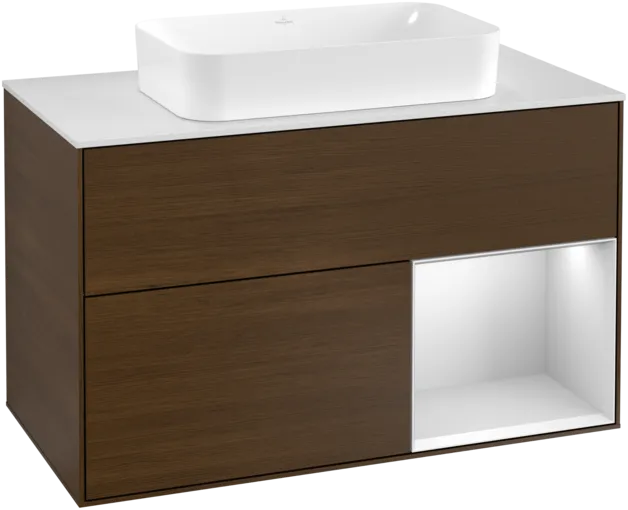 VILLEROY BOCH Umyvadlová skříňka Finion, s osvětlením, 2 výsuvy, 1000 x 603 x 501 mm, ořechová dýha / bílý matný lak / bílé matné sklo #F251MTGN