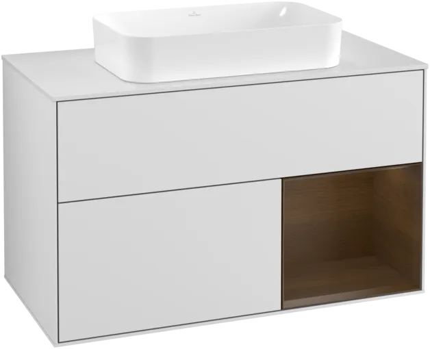 VILLEROY BOCH Toaletní skříňka Finion, s osvětlením, 2 výsuvy, 1000 x 603 x 501 mm, bílý matný lak / ořechová dýha / sklo bílé matné #F251GNMT