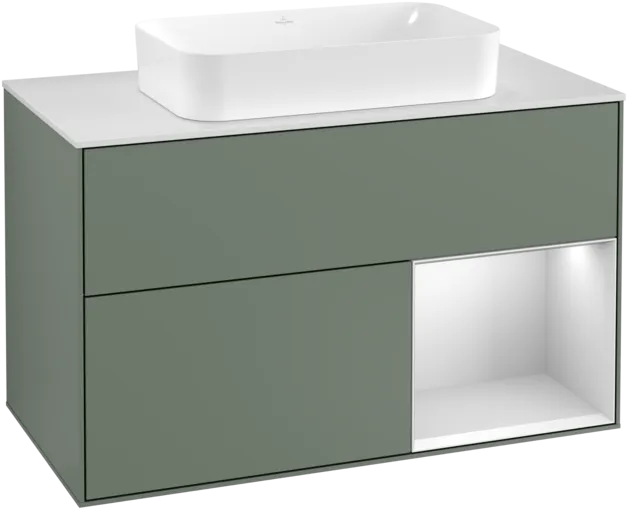VILLEROY BOCH Toaletní skříňka Finion, s osvětlením, 2 výsuvy, 1000 x 603 x 501 mm, olivový matný lak / bílý matný lak / bílé matné sklo #F251MTGM