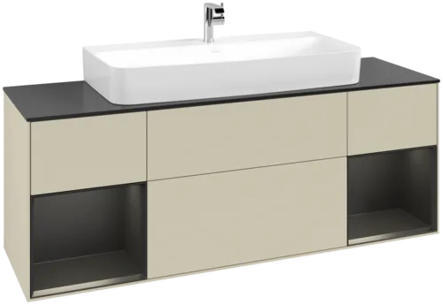 VILLEROY BOCH Toaletní skříňka Finion, s osvětlením, 4 výsuvy, 1600 x 603 x 501 mm, hedvábně šedý matný lak / černý matný lak / černé matné sklo #F212PDHJ