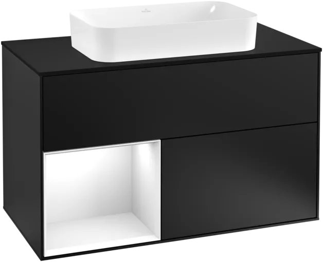 VILLEROY BOCH Umyvadlová skříňka Finion, s osvětlením, 2 výsuvy, 1000 x 603 x 501 mm, černý matný lak / lesklý bílý lak / černé matné sklo #F242GFPD