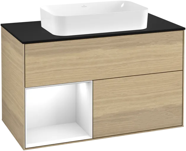 VILLEROY BOCH Toaletní skříňka Finion, s osvětlením, 2 výsuvy, 1000 x 603 x 501 mm, dubová dýha / lesklý bílý lak / černé matné sklo #F242GFPC