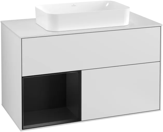 VILLEROY BOCH Toaletní skříňka Finion, s osvětlením, 2 výsuvy, 1000 x 603 x 501 mm, bílý matný lak / černý matný lak / bílé matné sklo #F241PDMT