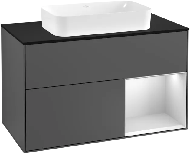 VILLEROY BOCH Toaletní skříňka Finion, s osvětlením, 2 výsuvy, 1000 x 603 x 501 mm, antracitový matný lak / bílý matný lak / černé matné sklo #F252MTGK