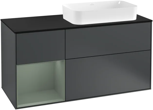 VILLEROY BOCH Toaletní skříňka Finion, s osvětlením, 3 výsuvy, 1200 x 603 x 501 mm, Midnight Blue Matt Lacquer / Olive Matt Lacquer / Glass Black Matt #F272GMHG