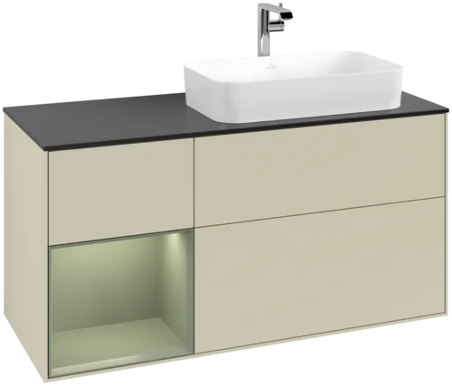 VILLEROY BOCH Toaletní skříňka Finion, s osvětlením, 3 výsuvy, 1200 x 603 x 501 mm, hedvábně šedý matný lak / olivový matný lak / černé matné sklo #F272GMHJ