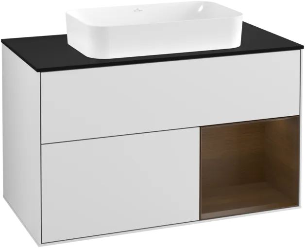 VILLEROY BOCH Toaletní skříňka Finion, s osvětlením, 2 výsuvy, 1000 x 603 x 501 mm, bílý matný lak / ořechová dýha / černé matné sklo #F252GNMT
