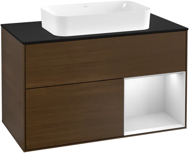 VILLEROY BOCH Toaletní skříňka Finion, s osvětlením, 2 výsuvy, 1000 x 603 x 501 mm, ořechová dýha / bílý matný lak / černé matné sklo #F252MTGN