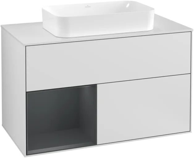 VILLEROY BOCH Toaletní skříňka Finion, s osvětlením, 2 výsuvy, 1000 x 603 x 501 mm, bílý matný lak / půlnoční modrý matný lak / bílé matné sklo #F241HGMT