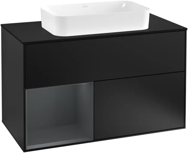 VILLEROY BOCH Toaletní skříňka Finion, s osvětlením, 2 výsuvy, 1000 x 603 x 501 mm, černý matný lak / půlnoční modrý matný lak / černé matné sklo #F242HGPD