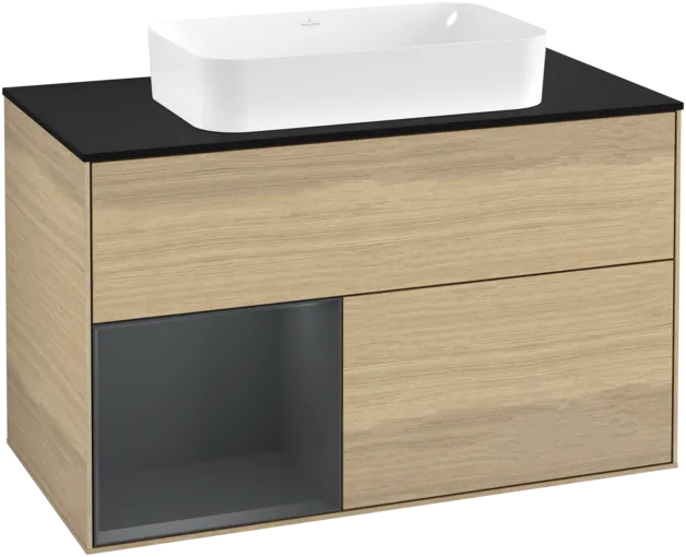 VILLEROY BOCH Toaletní skříňka Finion, s osvětlením, 2 výsuvy, 1000 x 603 x 501 mm, dubová dýha / půlnočně modrý matný lak / černé matné sklo #F242HGPC