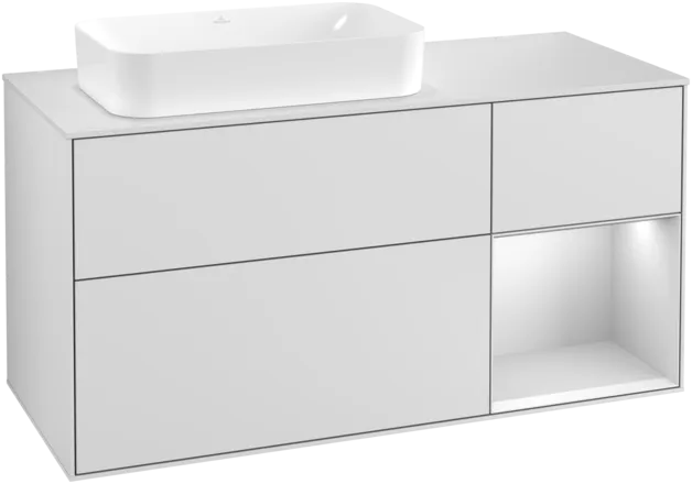VILLEROY BOCH Toaletní skříňka Finion, s osvětlením, 3 výsuvy, 1200 x 603 x 501 mm, bílý matný lak / bílý matný lak / sklo bílé matné #F281MTMT