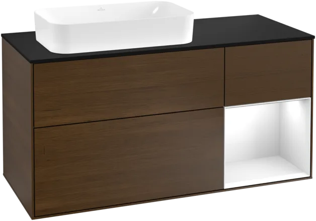 VILLEROY BOCH Toaletní skříňka Finion, s osvětlením, 3 výsuvy, 1200 x 603 x 501 mm, ořechová dýha / lesklý bílý lak / sklo černé matné #F282GFGN
