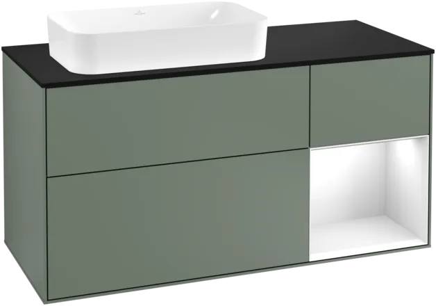 VILLEROY BOCH Toaletní skříňka Finion, s osvětlením, 3 výsuvy, 1200 x 603 x 501 mm, olivový matný lak / lesklý bílý lak / sklo černé matné #F282GFGM
