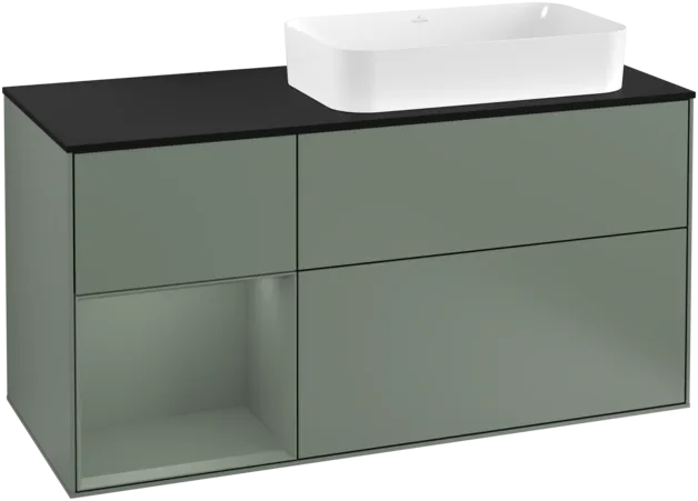 VILLEROY BOCH Toaletní skříňka Finion, s osvětlením, 3 výsuvy, 1200 x 603 x 501 mm, olivově matný lak / olivově matný lak / sklo černé matné #F272GMGM
