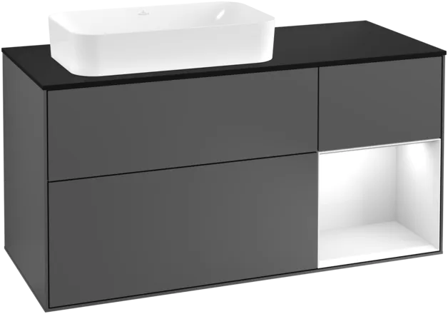 VILLEROY BOCH Toaletní skříňka Finion, s osvětlením, 3 výsuvy, 1200 x 603 x 501 mm, antracitový matný lak / lesklý bílý lak / černé matné sklo #F282GFGK