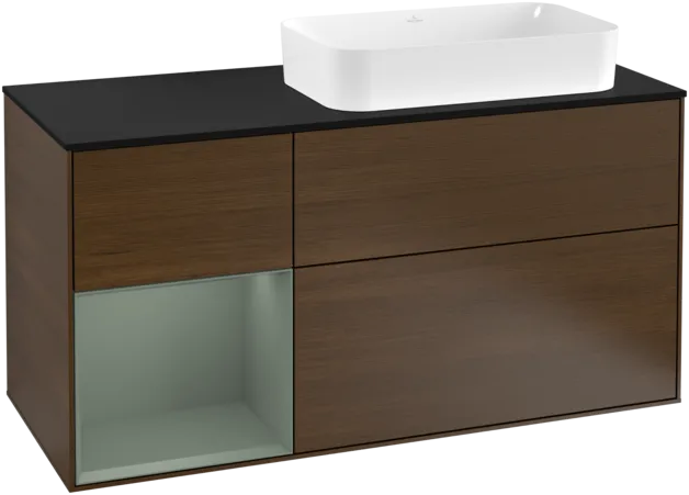 VILLEROY BOCH Toaletní skříňka Finion, s osvětlením, 3 výsuvy, 1200 x 603 x 501 mm, ořechová dýha / olivově matný lak / sklo černé matné #F272GMGN