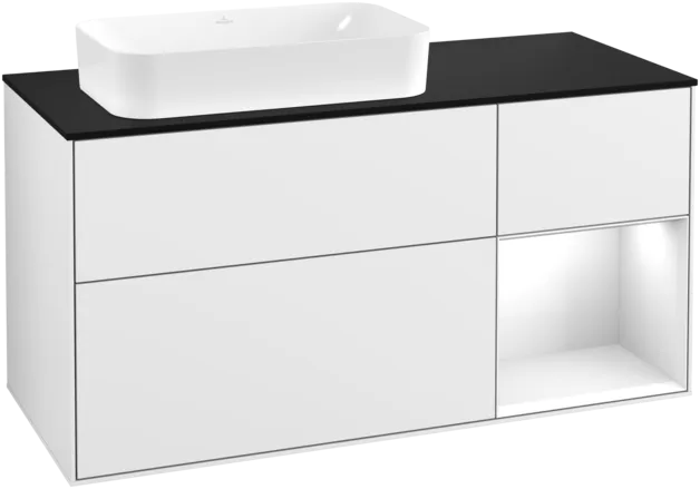 VILLEROY BOCH Toaletní skříňka Finion, s osvětlením, 3 výsuvy, 1200 x 603 x 501 mm, lesklý bílý lak / lesklý bílý lak / sklo černé matné #F282GFGF