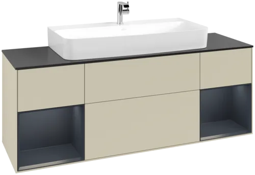 VILLEROY BOCH Toaletní skříňka Finion, s osvětlením, 4 výsuvy, 1600 x 603 x 501 mm, hedvábně šedý matný lak / půlnočně modrý matný lak / černé matné sklo #F212HGHJ