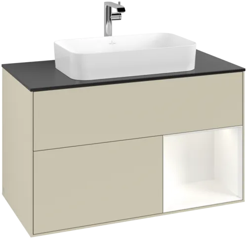 VILLEROY BOCH Toaletní skříňka Finion, s osvětlením, 2 výsuvy, 1000 x 603 x 501 mm, hedvábně šedý matný lak / bílý matný lak / černé matné sklo #F252MTHJ