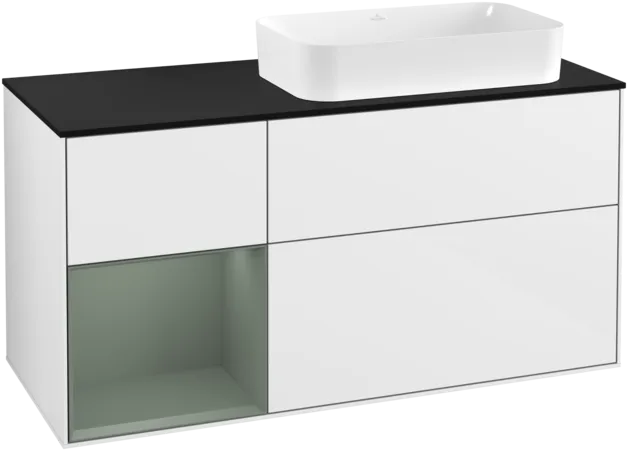 VILLEROY BOCH Toaletní skříňka Finion, s osvětlením, 3 výsuvy, 1200 x 603 x 501 mm, lesklý bílý lak / olivově matný lak / černé matné sklo #F272GMGF
