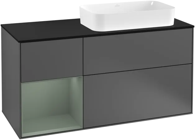 VILLEROY BOCH Toaletní skříňka Finion, s osvětlením, 3 výsuvy, 1200 x 603 x 501 mm, antracitový matný lak / olivový matný lak / černé matné sklo #F272GMGK