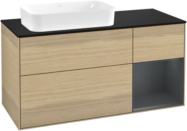 VILLEROY BOCH Toaletní skříňka Finion, s osvětlením, 3 výsuvy, 1200 x 603 x 501 mm, dubová dýha / půlnočně modrý matný lak / černé matné sklo #F282HGPC