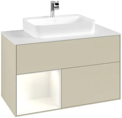 VILLEROY BOCH Toaletní skříňka Finion, s osvětlením, 2 výsuvy, 1000 x 603 x 501 mm, hedvábně šedý matný lak / lesklý bílý lak / sklo bílé matné #F361GFHJ