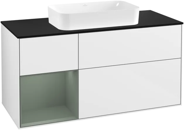 VILLEROY BOCH Toaletní skříňka Finion, s osvětlením, 3 výsuvy, 1200 x 603 x 501 mm, lesklý bílý lak / olivově matný lak / černé matné sklo #F292GMGF