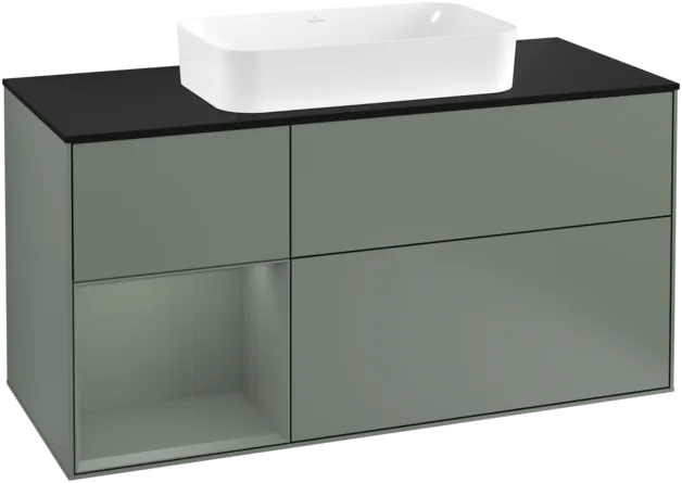 VILLEROY BOCH Toaletní skříňka Finion, s osvětlením, 3 výsuvy, 1200 x 603 x 501 mm, olivově matný lak / olivově matný lak / sklo černé matné #F292GMGM