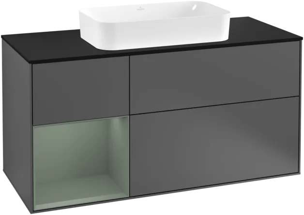 VILLEROY BOCH Toaletní skříňka Finion, s osvětlením, 3 výsuvy, 1200 x 603 x 501 mm, antracitový matný lak / olivový matný lak / černé matné sklo #F292GMGK