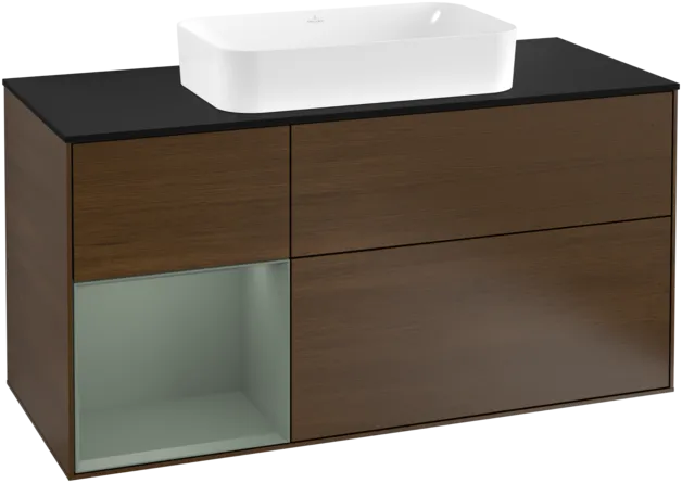 VILLEROY BOCH Toaletní skříňka Finion, s osvětlením, 3 výsuvy, 1200 x 603 x 501 mm, ořechová dýha / olivově matný lak / sklo černé matné #F292GMGN