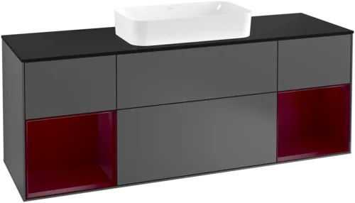 VILLEROY BOCH Toaletní skříňka Finion, s osvětlením, 4 výsuvy, 1600 x 603 x 501 mm, antracitový matný lak / pivoňkový matný lak / černé matné sklo #F332HBGK