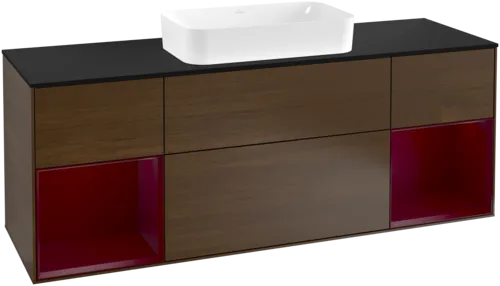 VILLEROY BOCH Toaletní skříňka Finion, s osvětlením, 4 výsuvy, 1600 x 603 x 501 mm, ořechová dýha / pivoňkový matný lak / černé matné sklo #F332HBGN