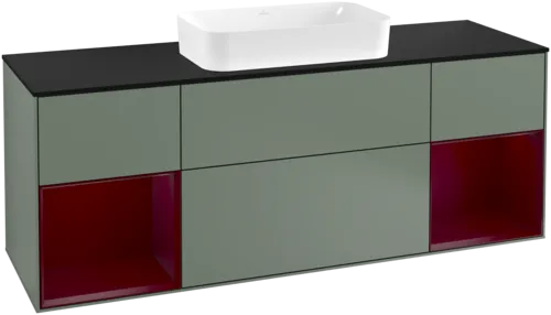 VILLEROY BOCH Toaletní skříňka Finion, s osvětlením, 4 výsuvy, 1600 x 603 x 501 mm, olivový matný lak / pivoňkový matný lak / černé matné sklo #F332HBGM