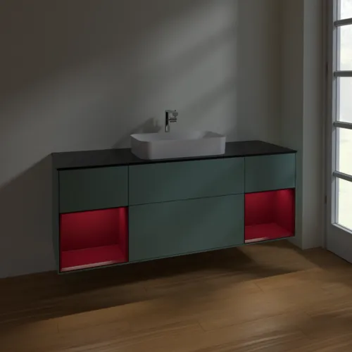 VILLEROY BOCH Toaletní skříňka Finion, s osvětlením, 4 výsuvy, 1600 x 603 x 501 mm, olivový matný lak / pivoňkový matný lak / černé matné sklo #F332HBGM, obrázek 5