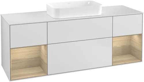 VILLEROY BOCH Toaletní skříňka Finion, s osvětlením, 4 výsuvy, 1600 x 603 x 501 mm, bílý matný lak / dubová dýha / sklo bílé matné #F331PCMT