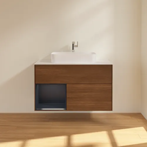VILLEROY BOCH Toaletní skříňka Finion, s osvětlením, 2 výsuvy, 1000 x 603 x 501 mm, ořechová dýha / půlnočně modrý matný lak / sklo bílé matné #F361HGGN, obrázek 3