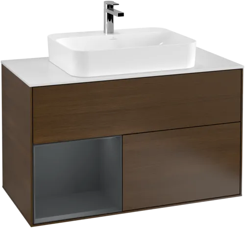 VILLEROY BOCH Toaletní skříňka Finion, s osvětlením, 2 výsuvy, 1000 x 603 x 501 mm, ořechová dýha / půlnočně modrý matný lak / sklo bílé matné #F361HGGN, obrázek 1