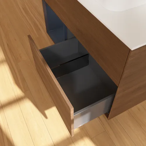 VILLEROY BOCH Toaletní skříňka Finion, s osvětlením, 2 výsuvy, 1000 x 603 x 501 mm, ořechová dýha / půlnočně modrý matný lak / sklo bílé matné #F361HGGN, obrázek 7