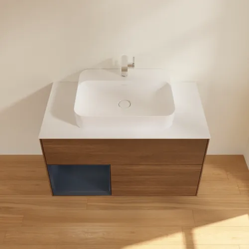 VILLEROY BOCH Toaletní skříňka Finion, s osvětlením, 2 výsuvy, 1000 x 603 x 501 mm, ořechová dýha / půlnočně modrý matný lak / sklo bílé matné #F361HGGN, obrázek 4