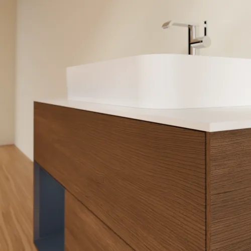 VILLEROY BOCH Toaletní skříňka Finion, s osvětlením, 2 výsuvy, 1000 x 603 x 501 mm, ořechová dýha / půlnočně modrý matný lak / sklo bílé matné #F361HGGN, obrázek 6