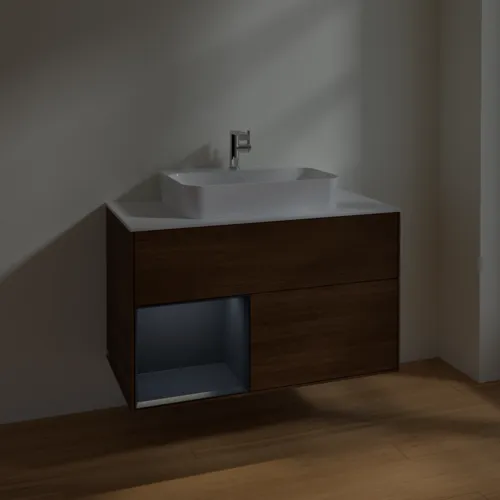 VILLEROY BOCH Toaletní skříňka Finion, s osvětlením, 2 výsuvy, 1000 x 603 x 501 mm, ořechová dýha / půlnočně modrý matný lak / sklo bílé matné #F361HGGN, obrázek 5