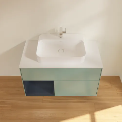 VILLEROY BOCH Toaletní skříňka Finion, s osvětlením, 2 výsuvy, 1000 x 603 x 501 mm, olivový matný lak / půlnoční modrý matný lak / bílé matné sklo #F361HGGM, obrázek 4