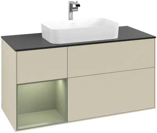 VILLEROY BOCH Toaletní skříňka Finion, s osvětlením, 3 výsuvy, 1200 x 603 x 501 mm, hedvábně šedý matný lak / olivový matný lak / černé matné sklo #F292GMHJ