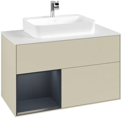 VILLEROY BOCH Toaletní skříňka Finion, s osvětlením, 2 výsuvy, 1000 x 603 x 501 mm, hedvábně šedý matný lak / půlnočně modrý matný lak / bílé matné sklo #F361HGHJ