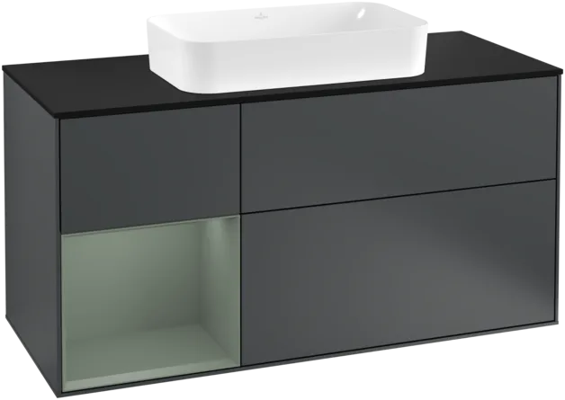 VILLEROY BOCH Toaletní skříňka Finion, s osvětlením, 3 výsuvy, 1200 x 603 x 501 mm, Midnight Blue Matt Lacquer / Olive Matt Lacquer / Glass Black Matt #F292GMHG